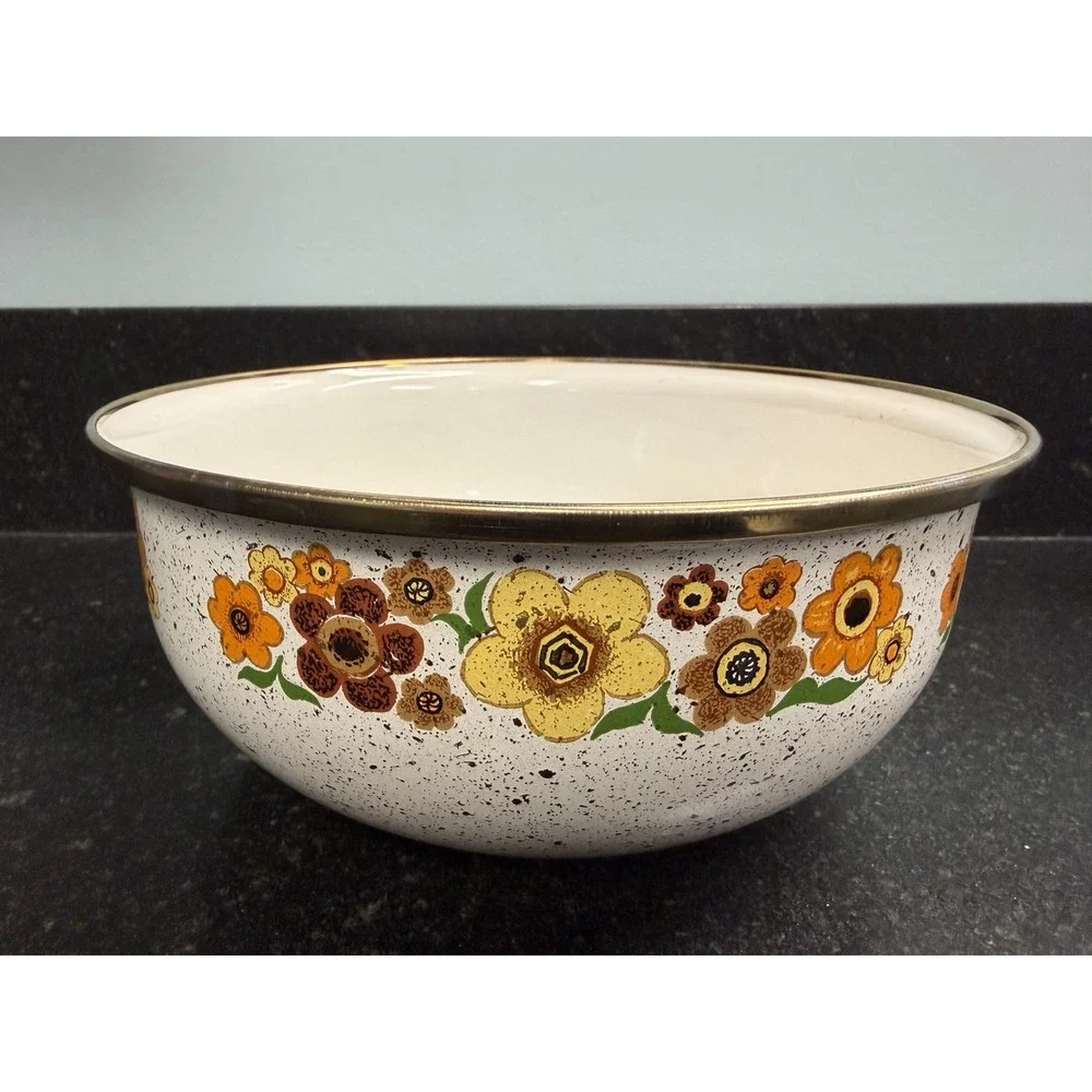Vtg Crowning Touch Harvest Blossom Enamel Bowl Set 1970s Floral Nesting Bowls